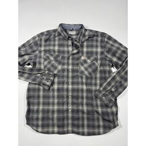 Carhartt Relaxed Fit Plaid Pearl Snap Work Shirt Mens 2XL Gray Long Sleeve